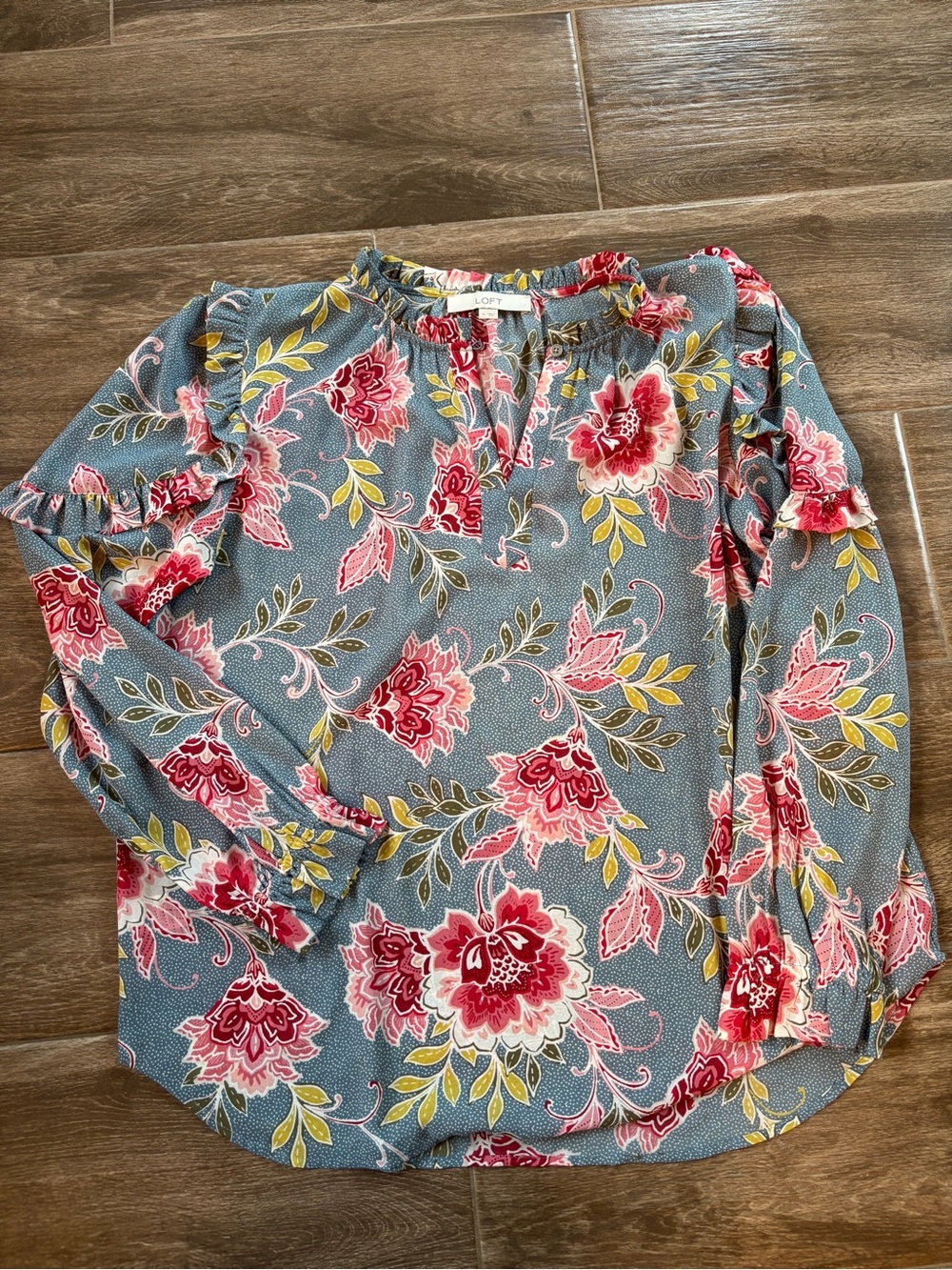 LOFT Women’s Sz M Ruffle Long-Sleeve Paisley Blouse Feminine Career Lightweight‎